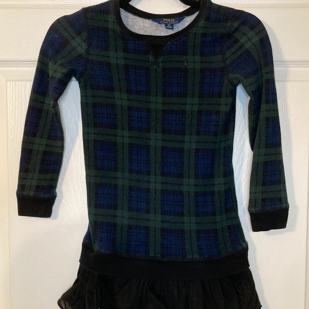 Polo Ralph Lauren Girl's Long Sleeve Dress - Green/Navy Plaid & Black - Size 6X